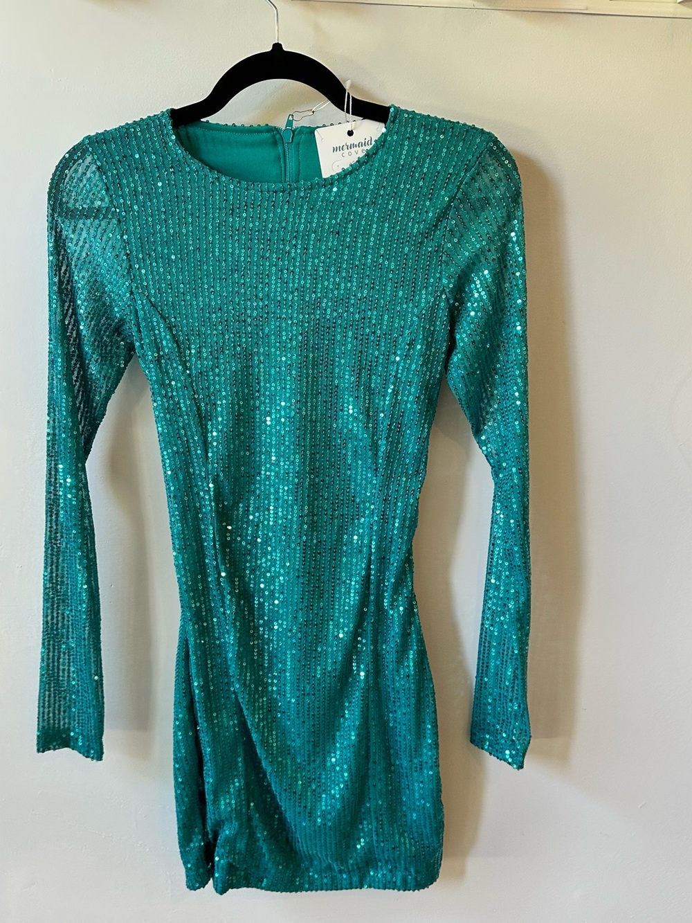 Sequin Long-Sleeve Mini Dress - Teal